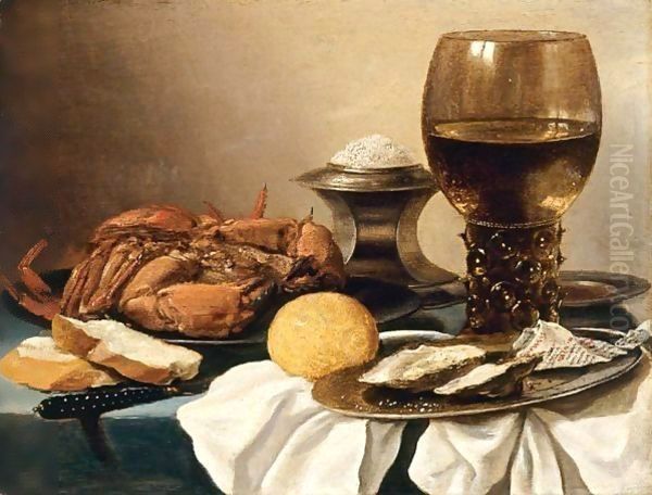 Still Life Of A Crab On A Pewter Plate, A Salt-Cellar, A Roemer, A Knife, A Lemon And Two Oysters On A Pewter Plate, All Resting On A Draped Table Oil Painting by Pieter Claesz.