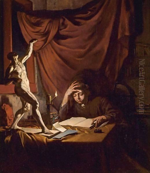 A Young Scholar Reading By Lamplight In A Study With An Ecorche Model And A Plaster Head Of A Putto On A Table Oil Painting by Job Adriaensz. Berckheyde