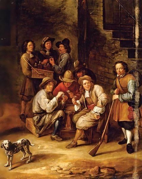 Figures Drinking And Gambling In A Courtyard Oil Painting by Gillis van Tilborgh