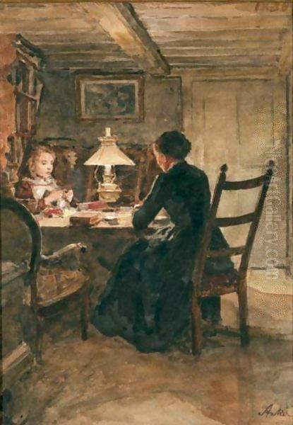 Interieur Bei Lampenschein Oil Painting by Albert Anker