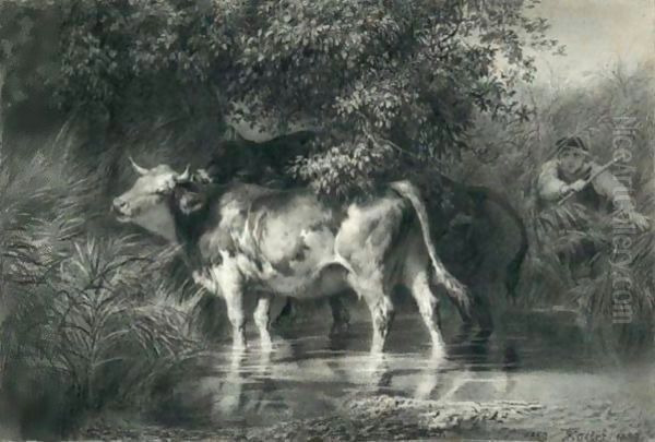 Kuhe Im Wasser, 1859 Oil Painting by Rudolf Koller