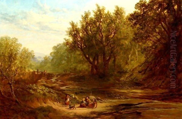 Children Fishing By A Stream Oil Painting by John Milne Donald