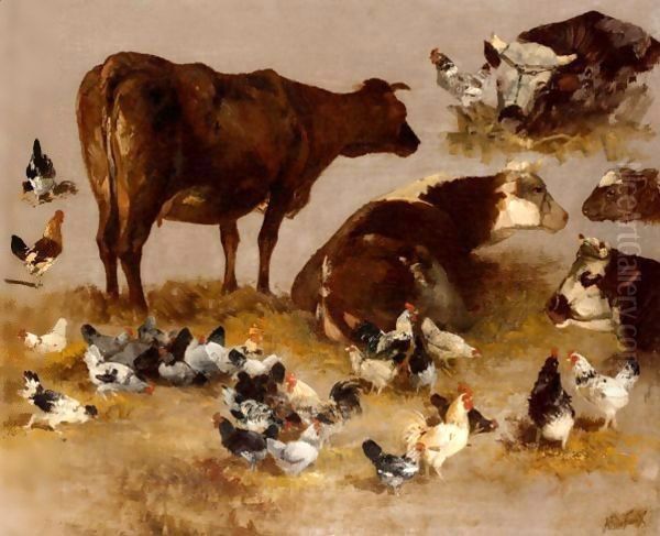 Study Of Cows And Chickens Oil Painting by Alexandre Defaux