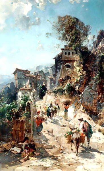 Italian Peasants On The Way To The Market Oil Painting by Franz Theodor Aerni