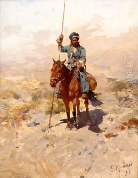 Lone Cossack Horseman Oil Painting by Franz Roubaud