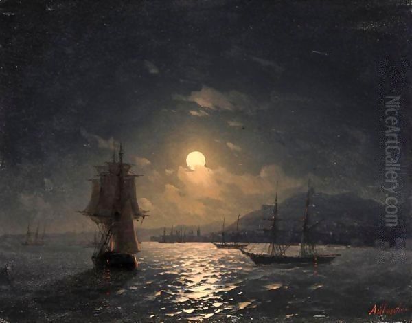 Shipping On A Moonlit Coast Oil Painting by Ivan Konstantinovich Aivazovsky