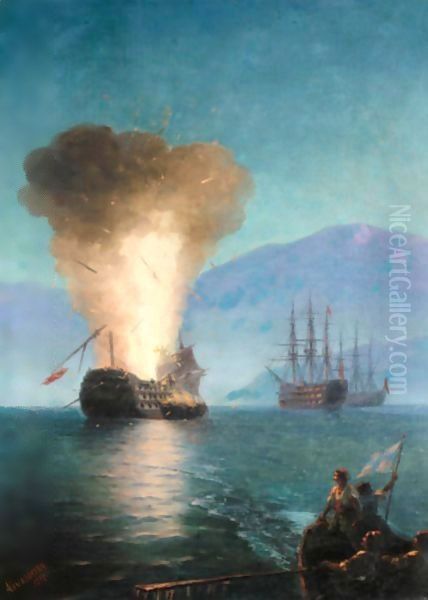 The Firing Of The Turkish Fleet By Kanaris In 1822 Oil Painting by Ivan Konstantinovich Aivazovsky