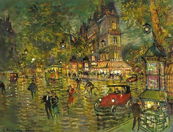 Paris Street Scene With Tram And Red Car Oil Painting by Konstantin Alexeievitch Korovin