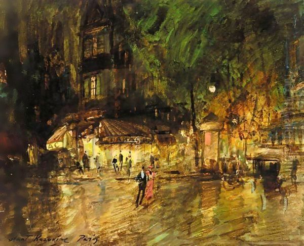 Sketch Of Paris By Night With Promenading Couple Oil Painting by Konstantin Alexeievitch Korovin