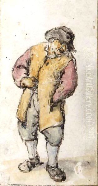 Standing Peasant, His Left Hand In His Coat Pocket Oil Painting by Adriaen Jansz. Van Ostade