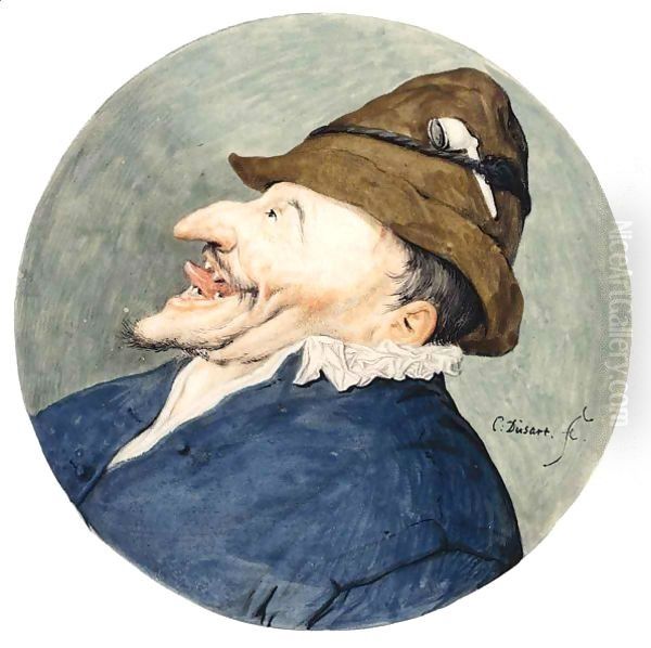 Caricature Head Of A Man With A Pipe In His Hat, Sticking Out His Tongue Oil Painting by Cornelis Dusart