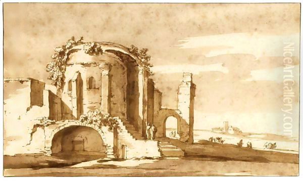 A Roman Ruin Oil Painting by Jacob Van Der Ulft