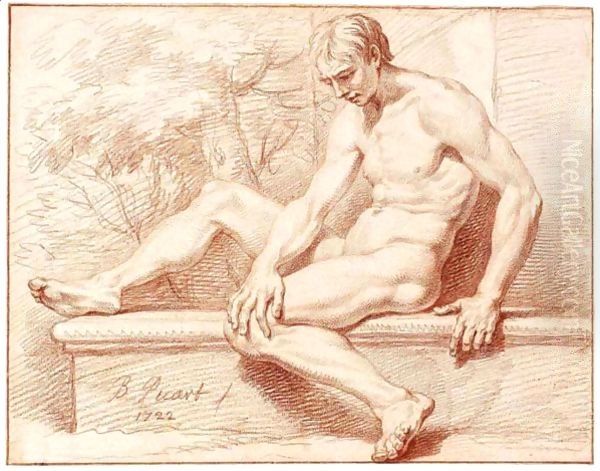 Male Nude, Seated On A Stone Ledge, In A Landscape Oil Painting by Bernard Picart