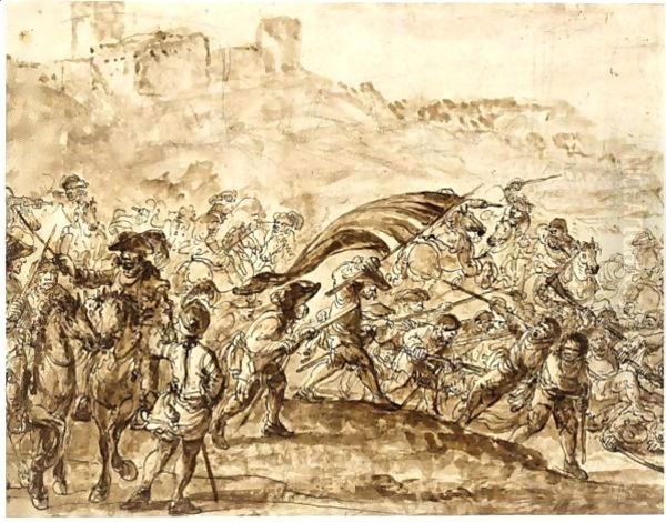 A Battle Scene Oil Painting by Francesco Simonini