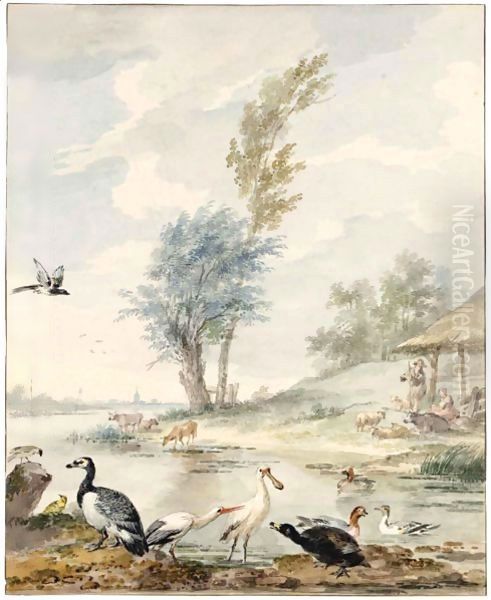 Dutch River Landscape With A Spoonbill, A Stork, A Goose, Ducks And Other Birds Oil Painting by Aert Schouman