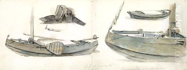 Two Joined Sketchbook Sheets, With Studies Of Boats On Both Sides Oil Painting by Andreas Schelfhout