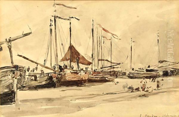 Fishing Boats On The Beach At Scheveningen Oil Painting by Eugene Boudin