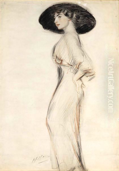 An Elegant Lady With A Big Hat Oil Painting by Paul Cesar Helleu