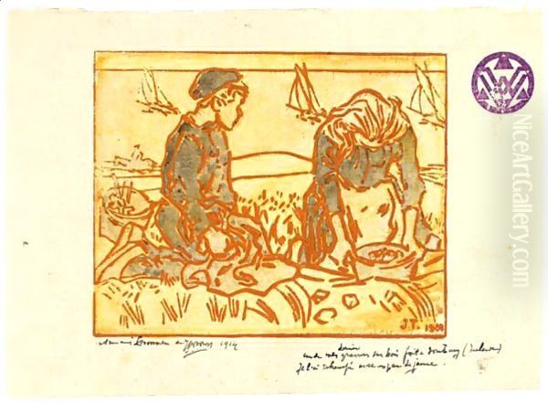 A Boy And Girl Digging Potatoes In The Dunes Oil Painting by Jan Toorop