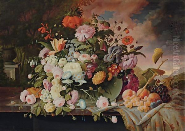 Still Life With Flowers And Fruit In A Landscape Oil Painting by Severin Roesen