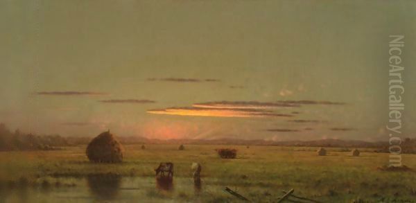 Cattle In The Marsh, Near A Fence Oil Painting by Martin Johnson Heade