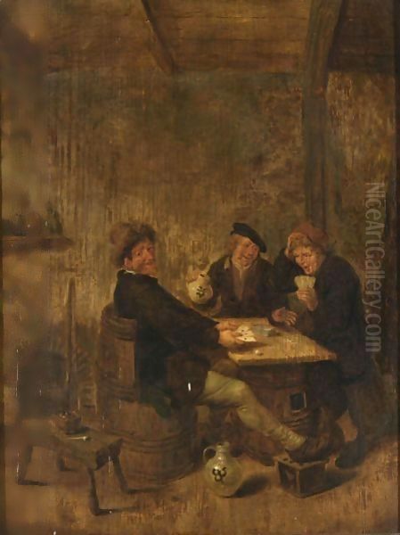 Peasants Drinking And Playing Cards In An Inn Oil Painting by Jan Miense Molenaer