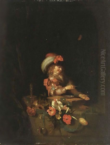 Vanitas A Boy In A Window Blowing Bubbles, With A Skull, Flowers, A Watch, A Candle And A Butterfly Oil Painting by Adriaen Van Der Werff