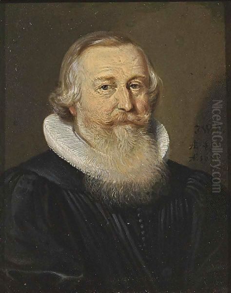 A Portrait Of An Elderly Bearded Gentleman, Aged 46, Bust Length, Wearing A Black Coat With A White Lace Collar Oil Painting by Conrad Meyer