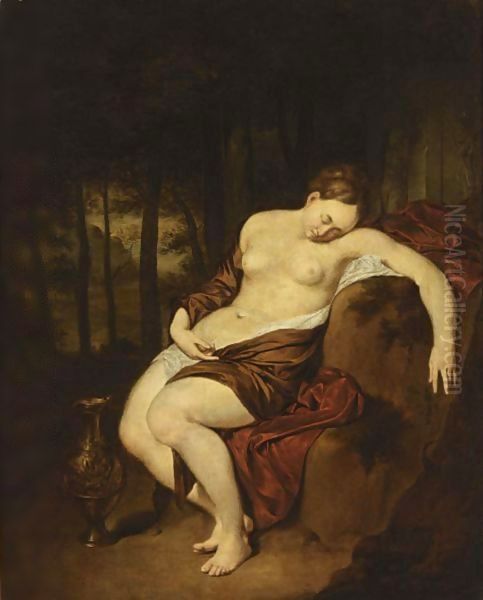 A Nude Woman Sleeping In A Forest, With A Silver Gilt Jug Beside Her Oil Painting by Jan Van Mieris