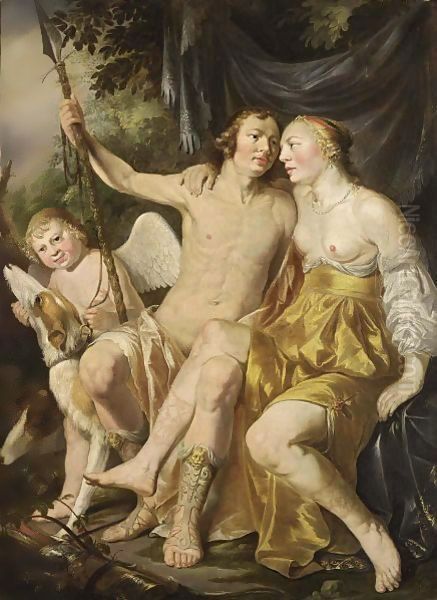 Venus, Adonis And Cupid, Together With Hounds Oil Painting by Hendrick Heerschop or Herschop