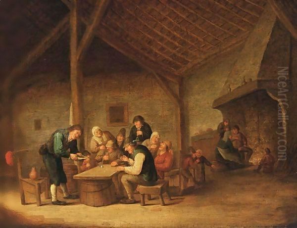 An Interior Of An Inn With Peasants Sitting Around A Table Drinking And Playing Dice, And Figures Near A Fireplace In The Background Oil Painting by Bartholomeus Molenaer