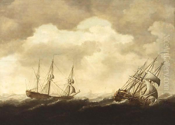 Merchantmen In Stormy Seas Oil Painting by Jacob Gerritz Loef