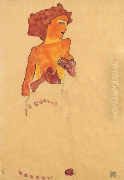 Madchen Als Halbakt, Sich Die Bruste Haltend, Nach Rechts Gewandt (Semi-Nude Girl Holding Her Breast, Facing Right) Oil Painting by Egon Schiele