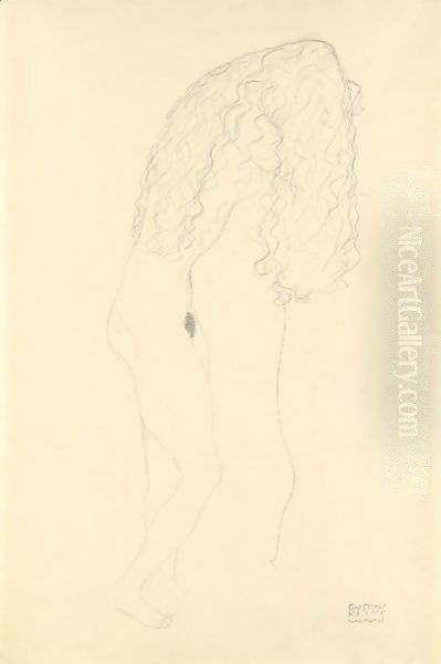 Nach Rechts Aufgestutzt Stehender Akt, Das Gesicht Durch Die Haare Verdeckt (Standing Nude With Her Face Covered By Her Long Hair) Oil Painting by Gustav Klimt