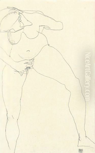 Stehende Frauenakt, Masturbierend (Standing Nude Woman, Masturbating) Oil Painting by Egon Schiele