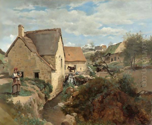 Chaumieres Et Moulins Au Bord DAun Torrent (Morvan Ou Auvergne) Oil Painting by Jean-Baptiste-Camille Corot