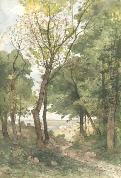 Figure On A Path Approaching A Village Oil Painting by Henri-Joseph Harpignies