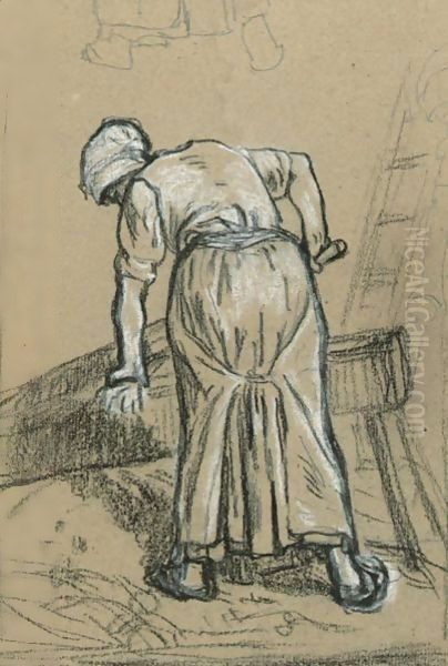 Study Of A Woman Breaking Flax Oil Painting by Jean-Francois Millet