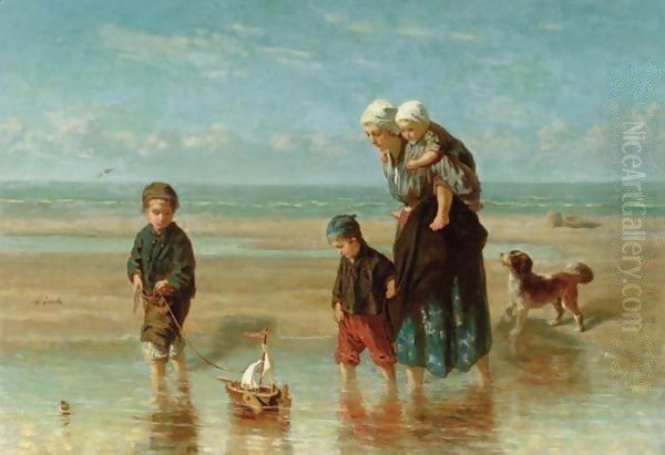 Mother And Children By The Shore Oil Painting by Jozef Israels