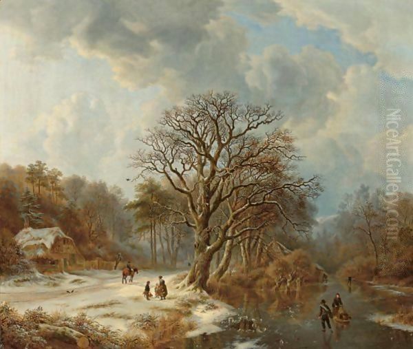 A Forest And River Landscape In Winter With Skaters And Villagers On A Path Oil Painting by Johann Bernard Klombeck