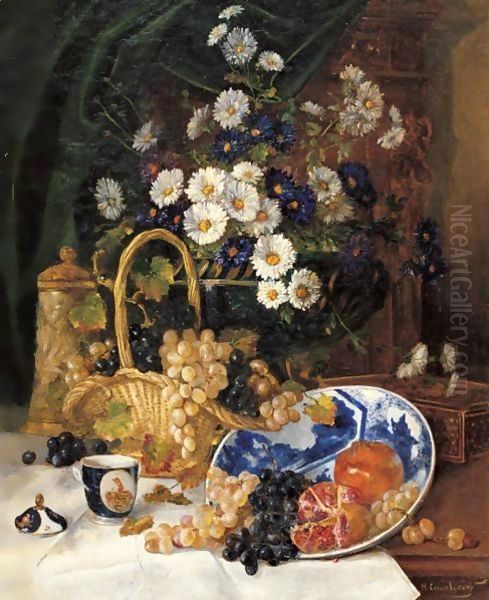 Floral Still Life With Grapes And Pomegrantes Oil Painting by Eugene Henri Cauchois