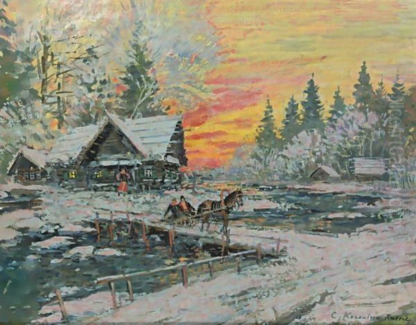 Riding Through The Village, Sunset Oil Painting by Konstantin Alexeievitch Korovin