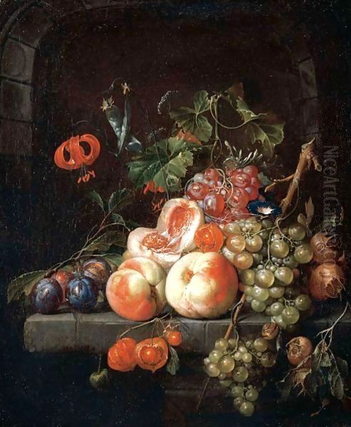 A Still Life Of Peaches, Plums, Grapes And Other Fruits On A Stone Ledge. Oil Painting by Cornelis De Heem