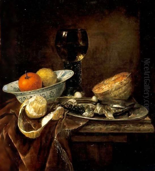 Still Life Of An Orange And A Lemon In A Porcelain Bowl, A Roemer, A Melon, A Sliced Herring On A Pewter Plate, And A Peeled Lemon Together On A Table Draped With A Velvet Cloth Oil Painting by Abraham Hendrickz Van Beyeren