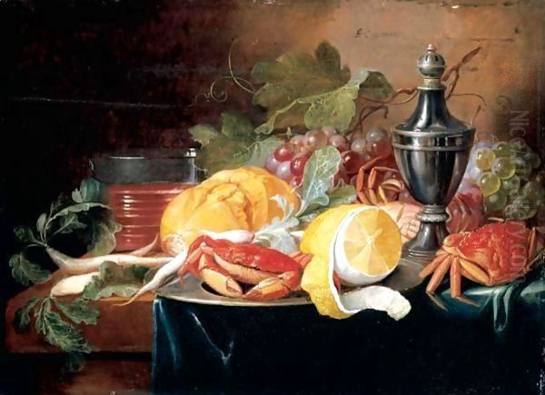 A Still Life With Grapes, A Lemon, Crabs And Bread Upon Pewter Dishes Oil Painting by Alexander Coosemans