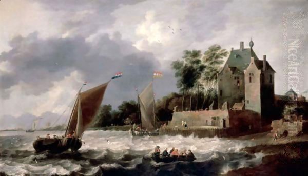 An Estuary Scene, With Rowing Boats And Small Sailing Boats Before A Fortified House Oil Painting by Gilles Peeters