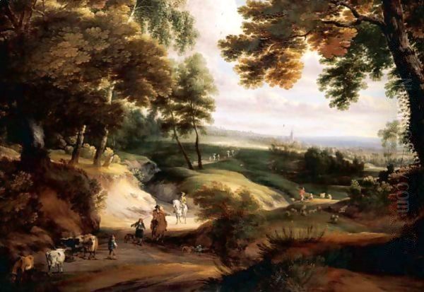 A Wooded Landscape With Huntsmen, Drovers And Cattle On A Track In The Foreground, A Church In The Distance Oil Painting by Jaques D'Arthois