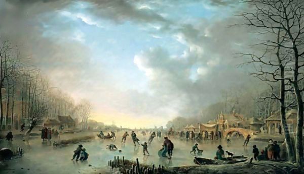 Winter Landscape With A Frost Fair And Figures Skating Upon A Frozen River Oil Painting by Andries Vermeulen