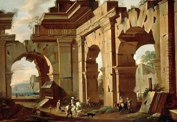 An Architectural Capriccio, With A Huntsman And Riders Among Ruined Arches Oil Painting by Viviano Codazzi