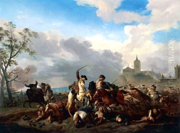 A Battle Scene With Cavalry Skirmishing Before A Walled Town Oil Painting by Jan von Huchtenburgh